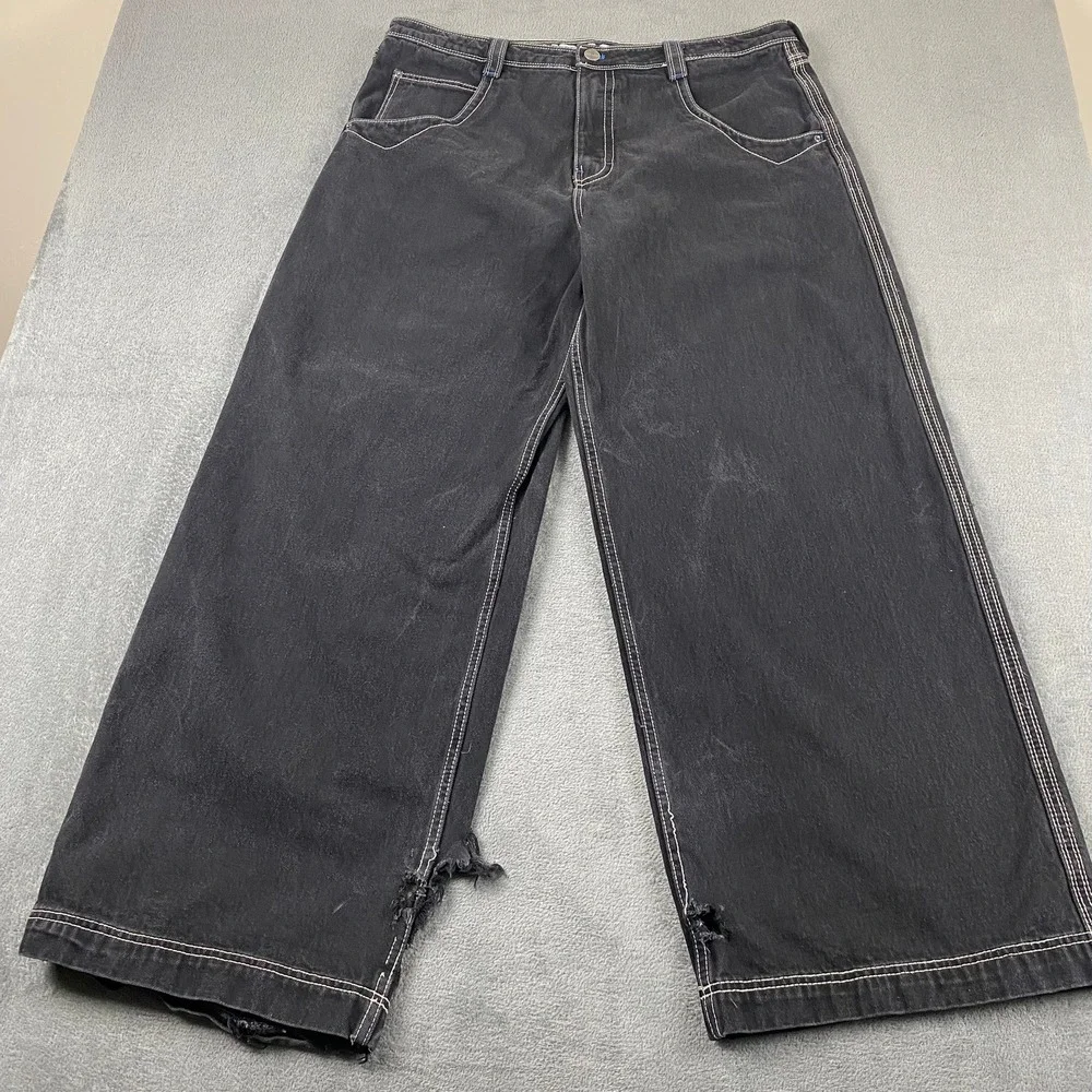A-Lab Men 40x32 Baggy Skate Jeans Trashed Y2K  Black Embroidered Wide Leg